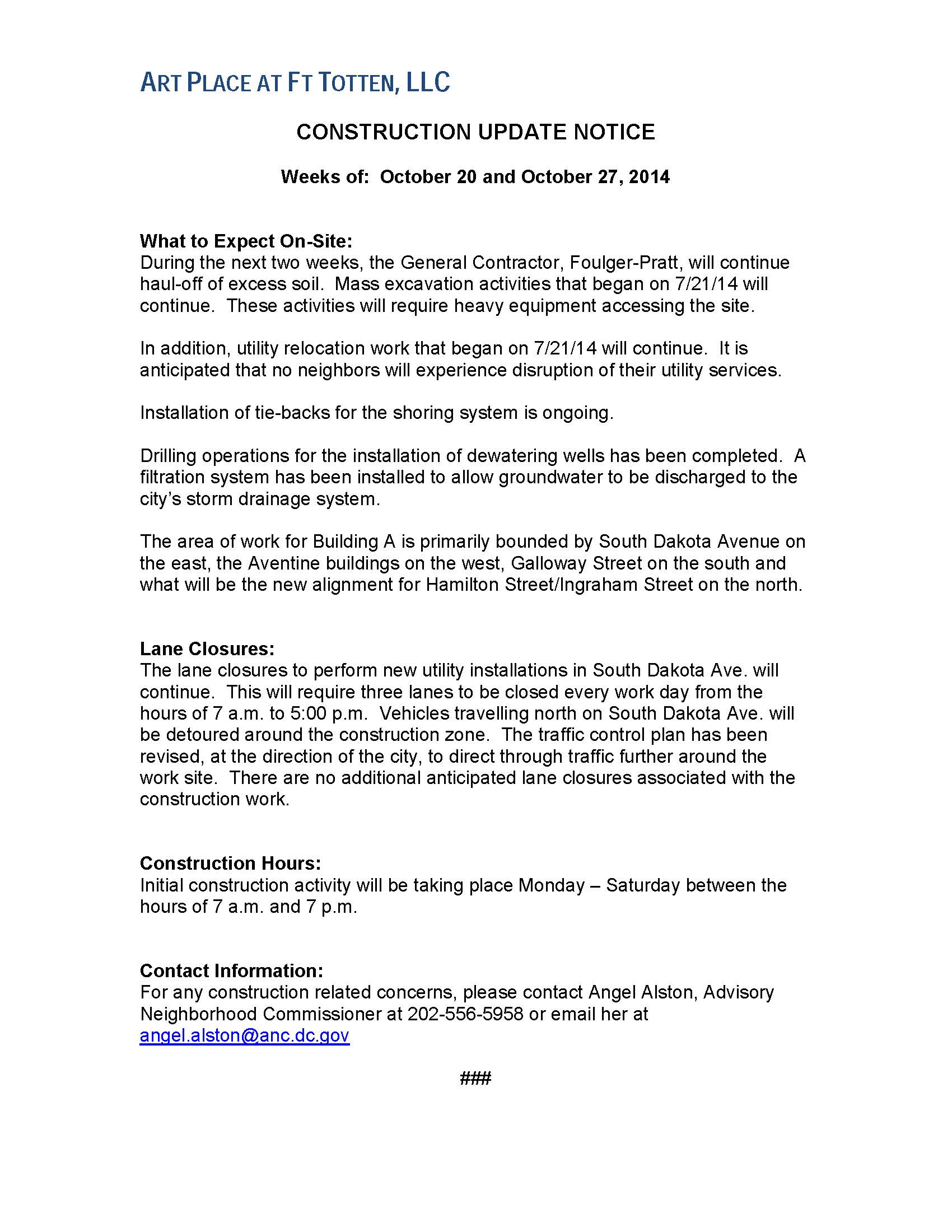 Art Place - Construction Notification Weeks of October 20 and October 27 2014 FINAL
