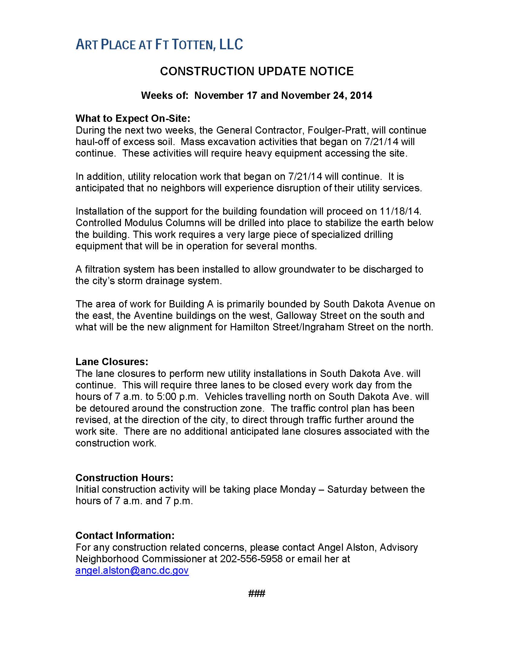Art Place - Construction Notification Weeks of Nov 17 and Nov 24 2014 FINAL