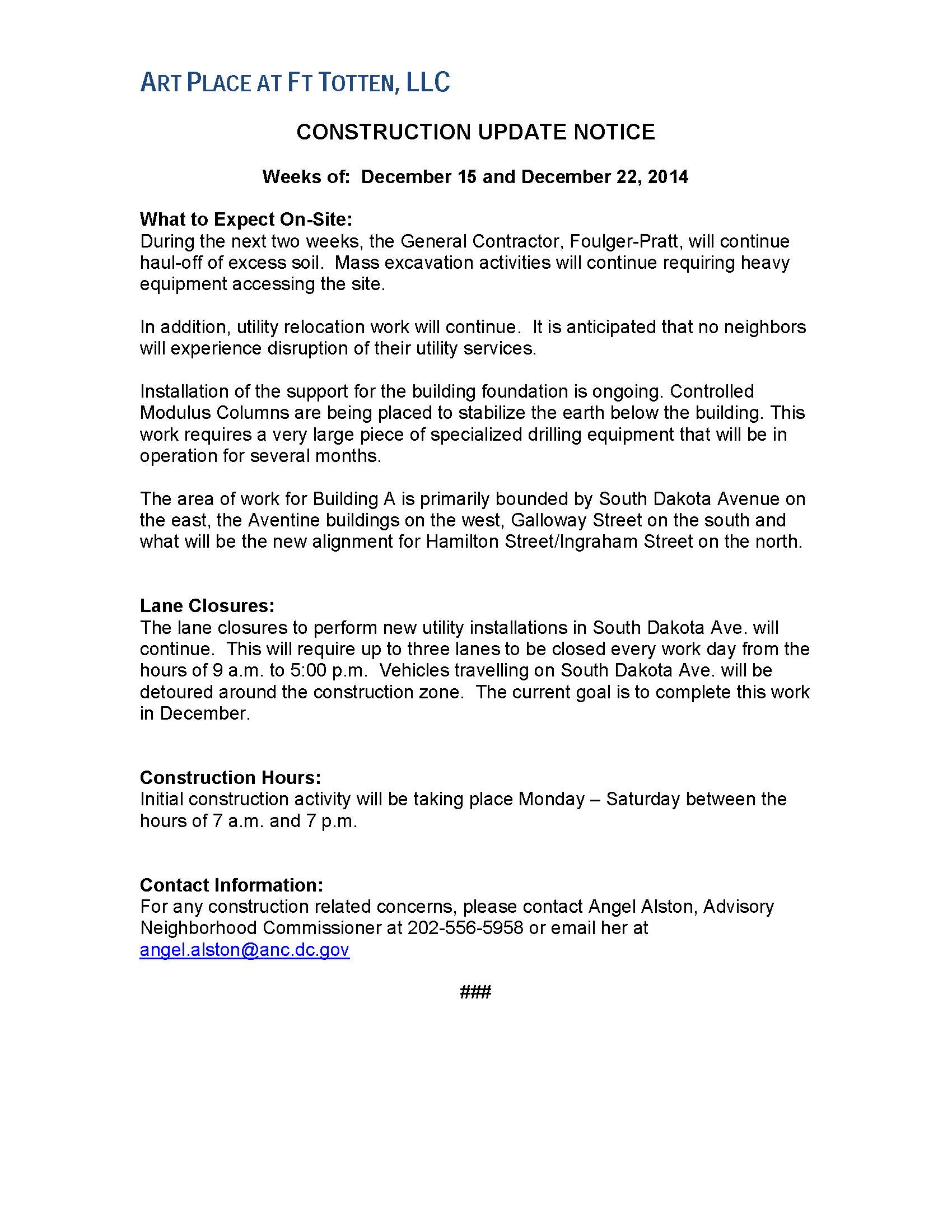 Art Place - Construction Notification Weeks of Dec 15 and Dec 22 2014 FINAL