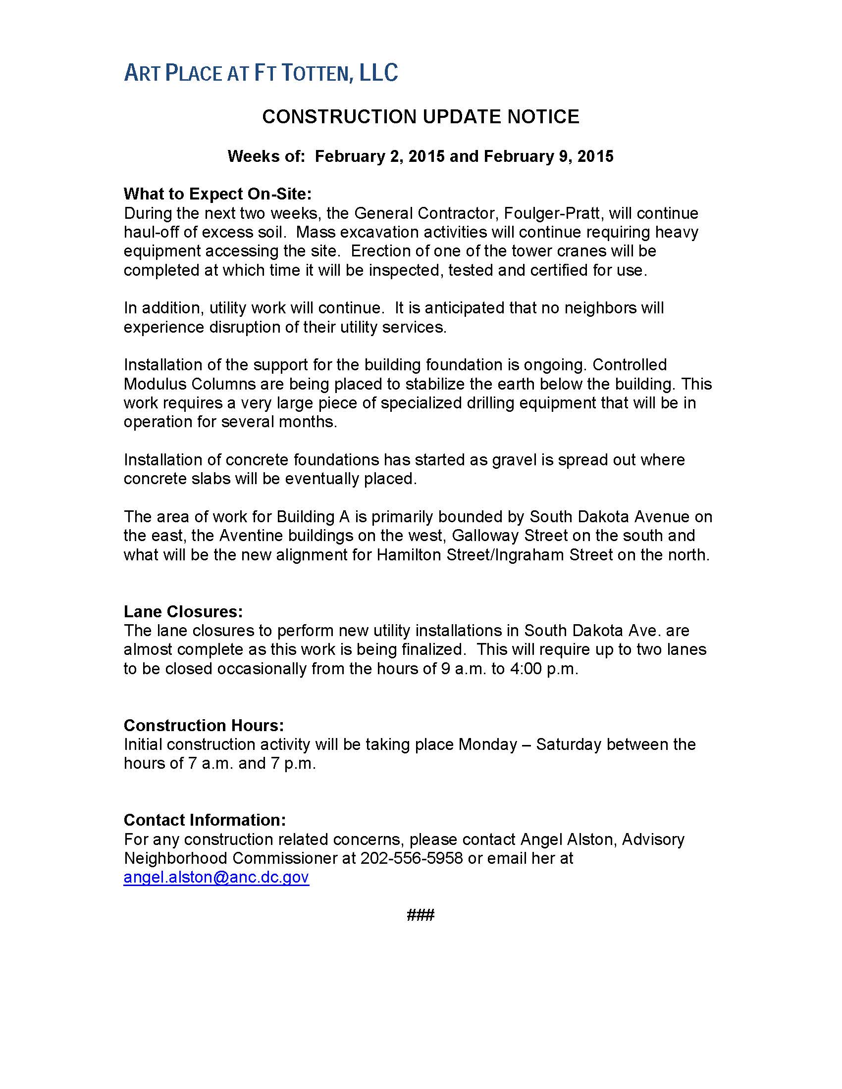 Art Place - Construction Notification Weeks of Feb 2 2015 and Feb 9 2015 FINAL