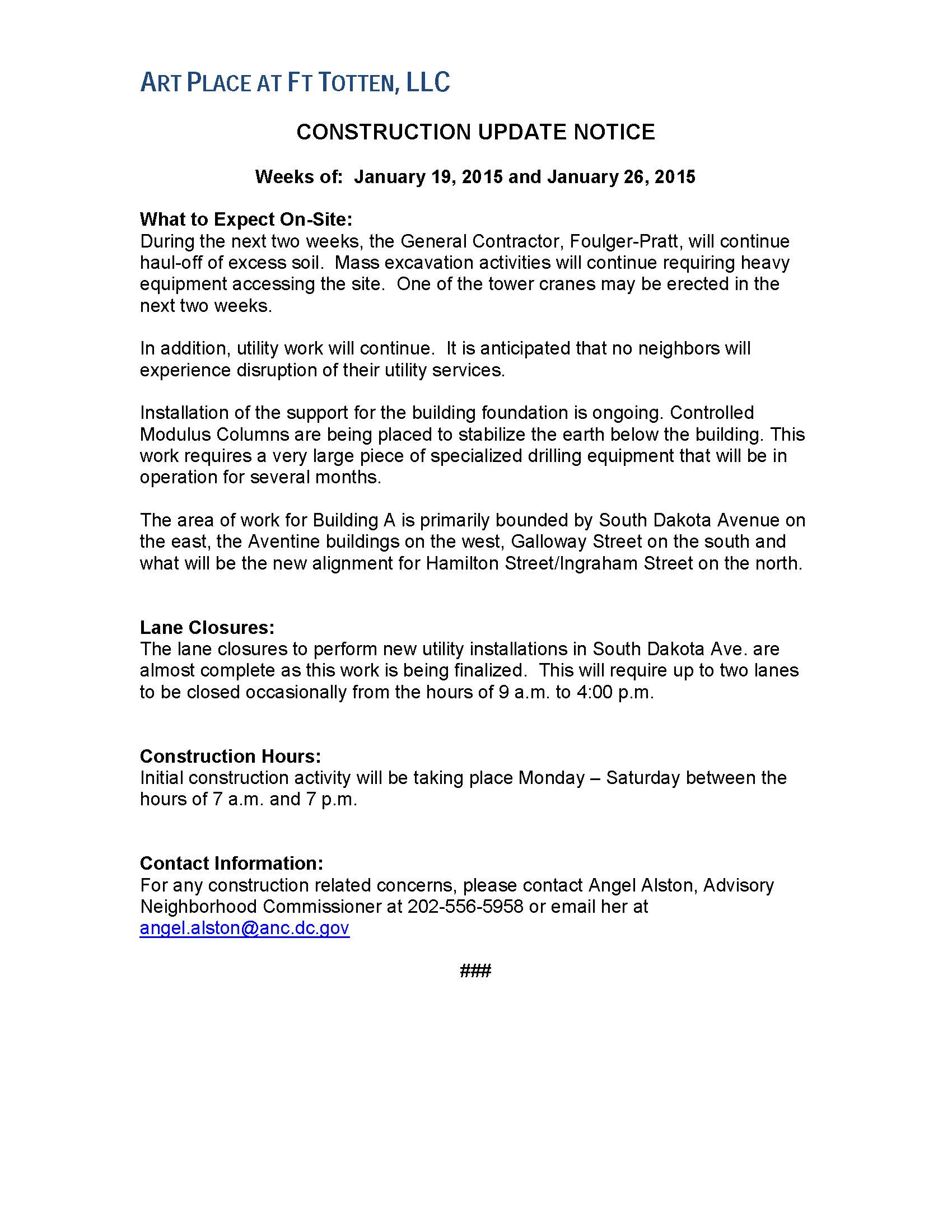 Art Place - Construction Notification Weeks of Jan 19 2015 and Jan 26 2015 FINAL