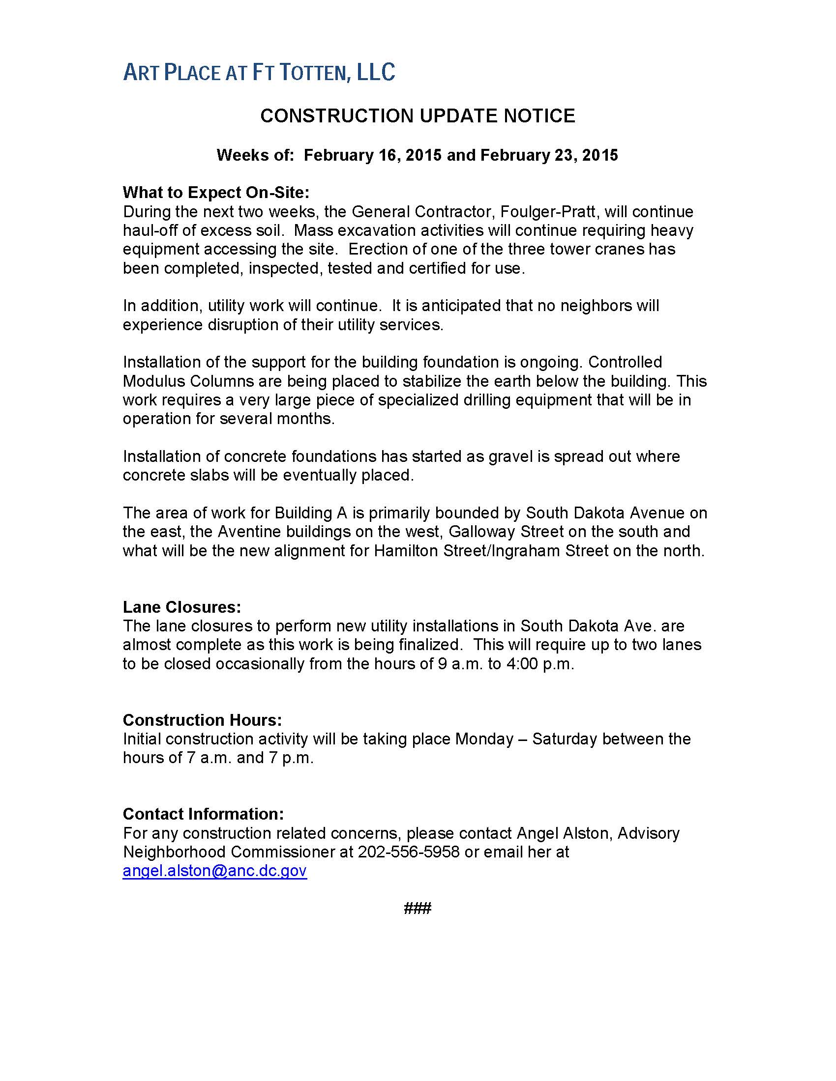 Art Place - Construction Notification Weeks of Feb 16 2015 and Feb 23 2015 FINAL