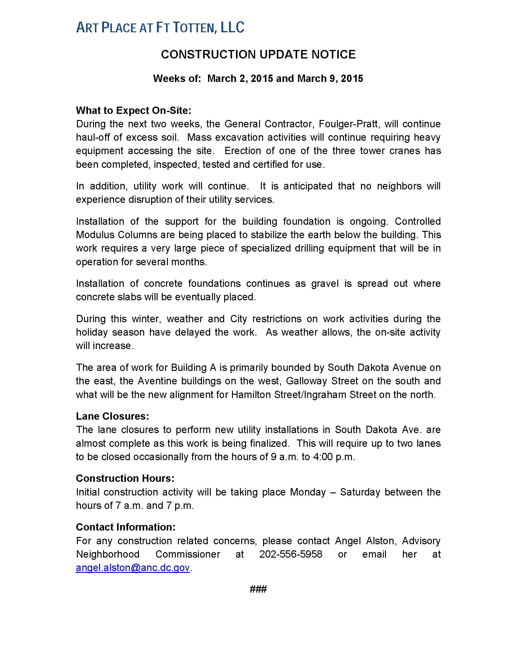 Art Place - Construction Notification Weeks of March 2 2015 and March 9 2015 FINAL