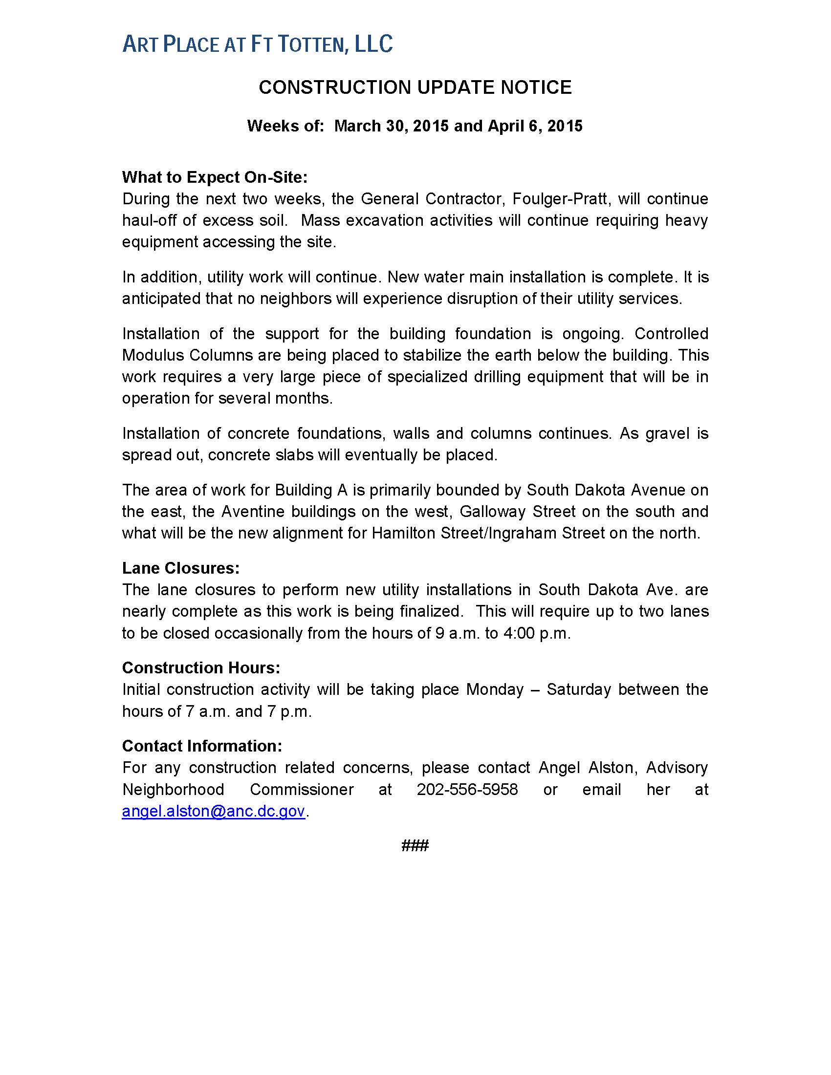 Art Place - Construction Notification Weeks of March 30 2015 and April 6 2015 FINAL
