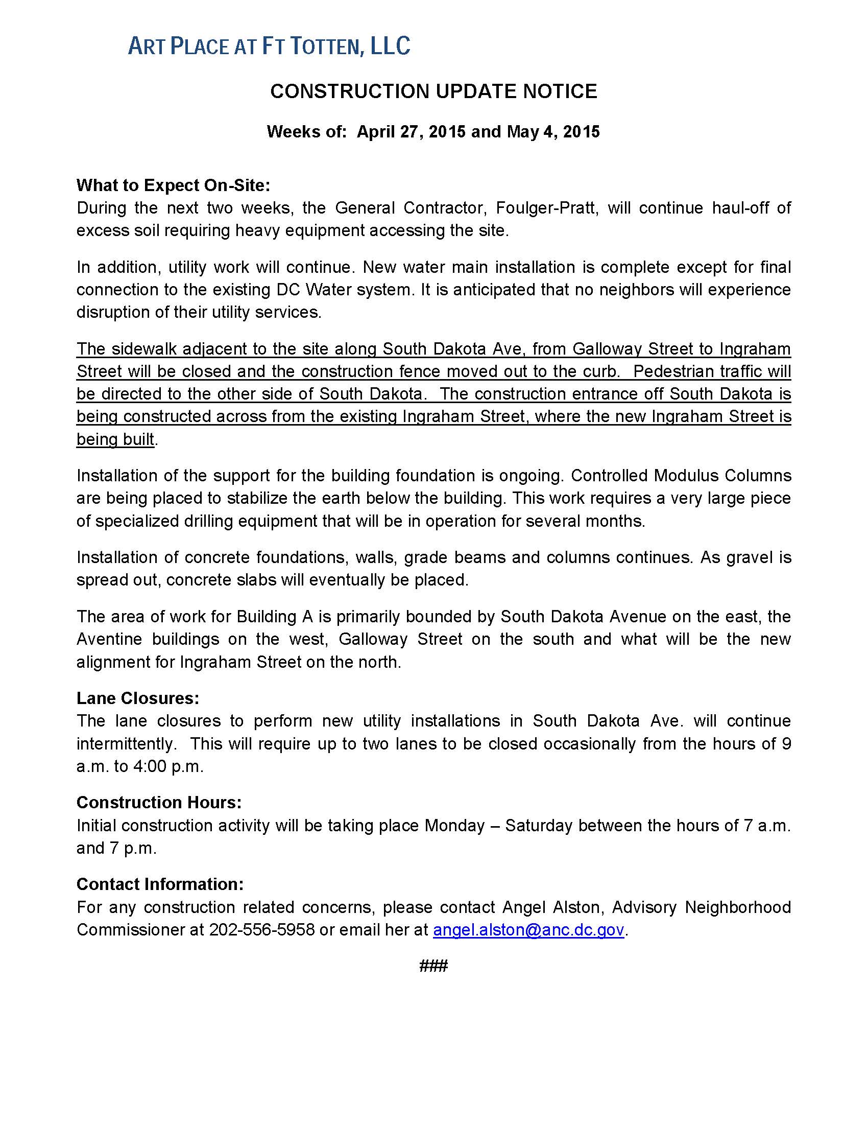 Art Place - Construction Notification Weeks of April 27 2015 and May 4 2015 FINAL