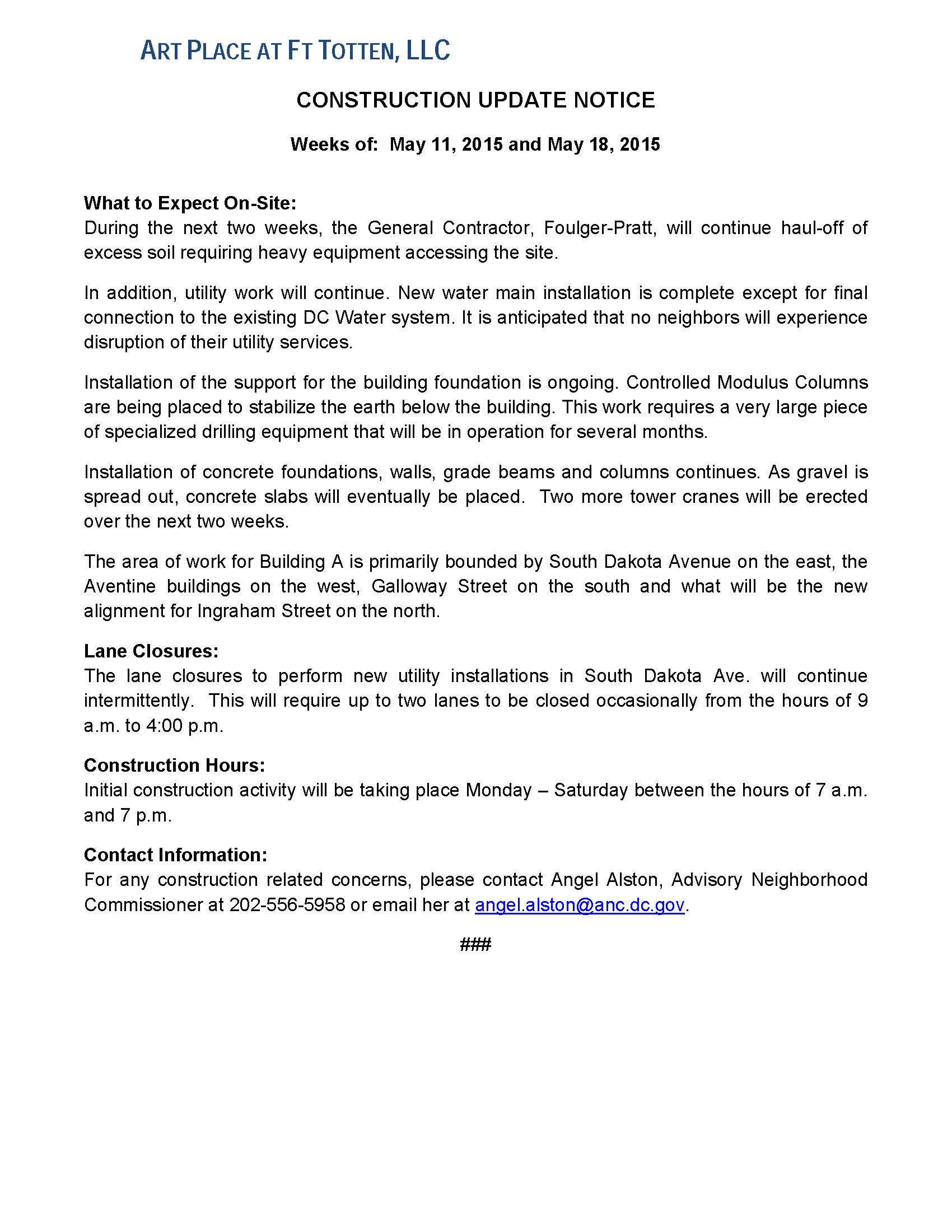 Art Place - Construction Notification Weeks of May 11 2015 and May 18 2015 FINAL