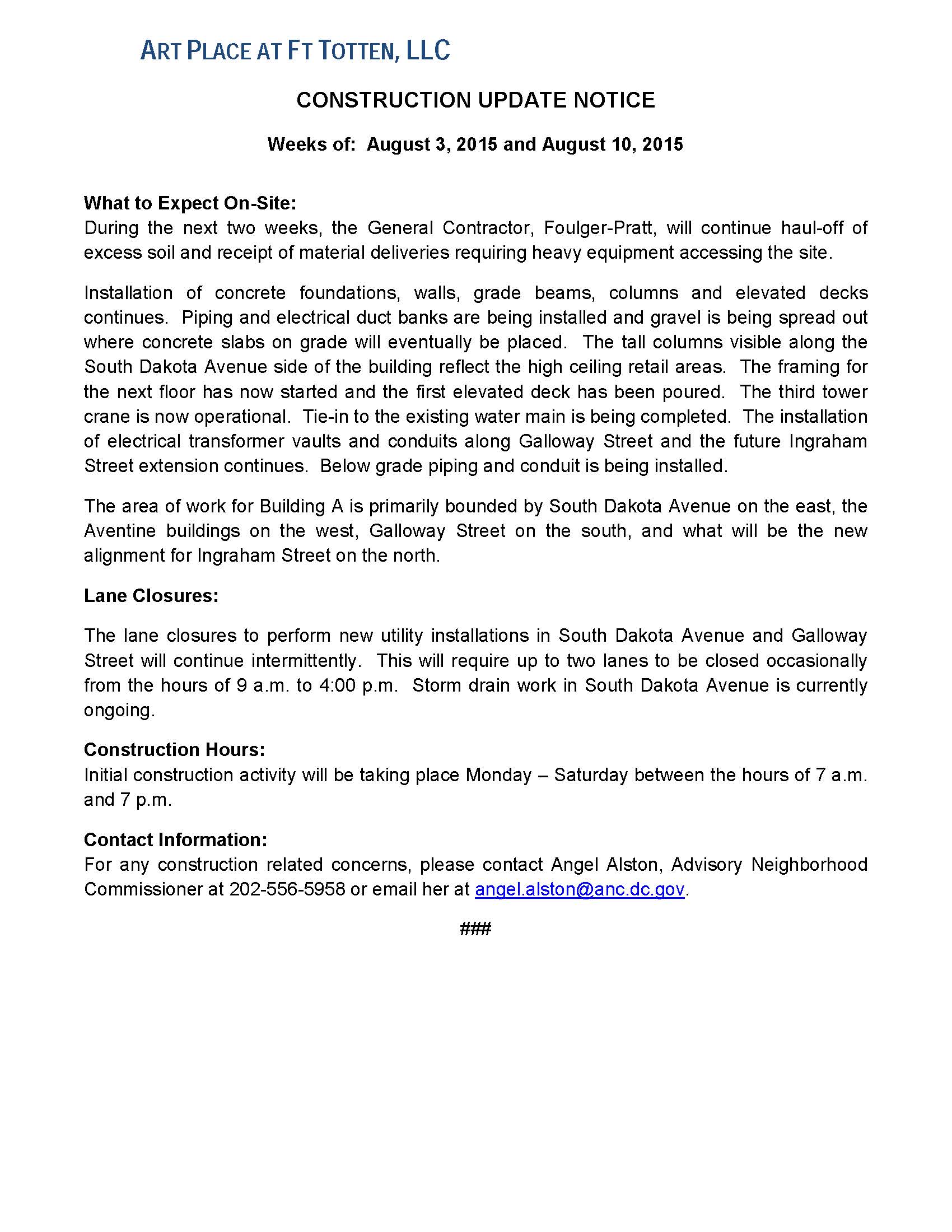 Art Place - Construction Notification Weeks of August 3 2015 and August 10 2015 FINAL