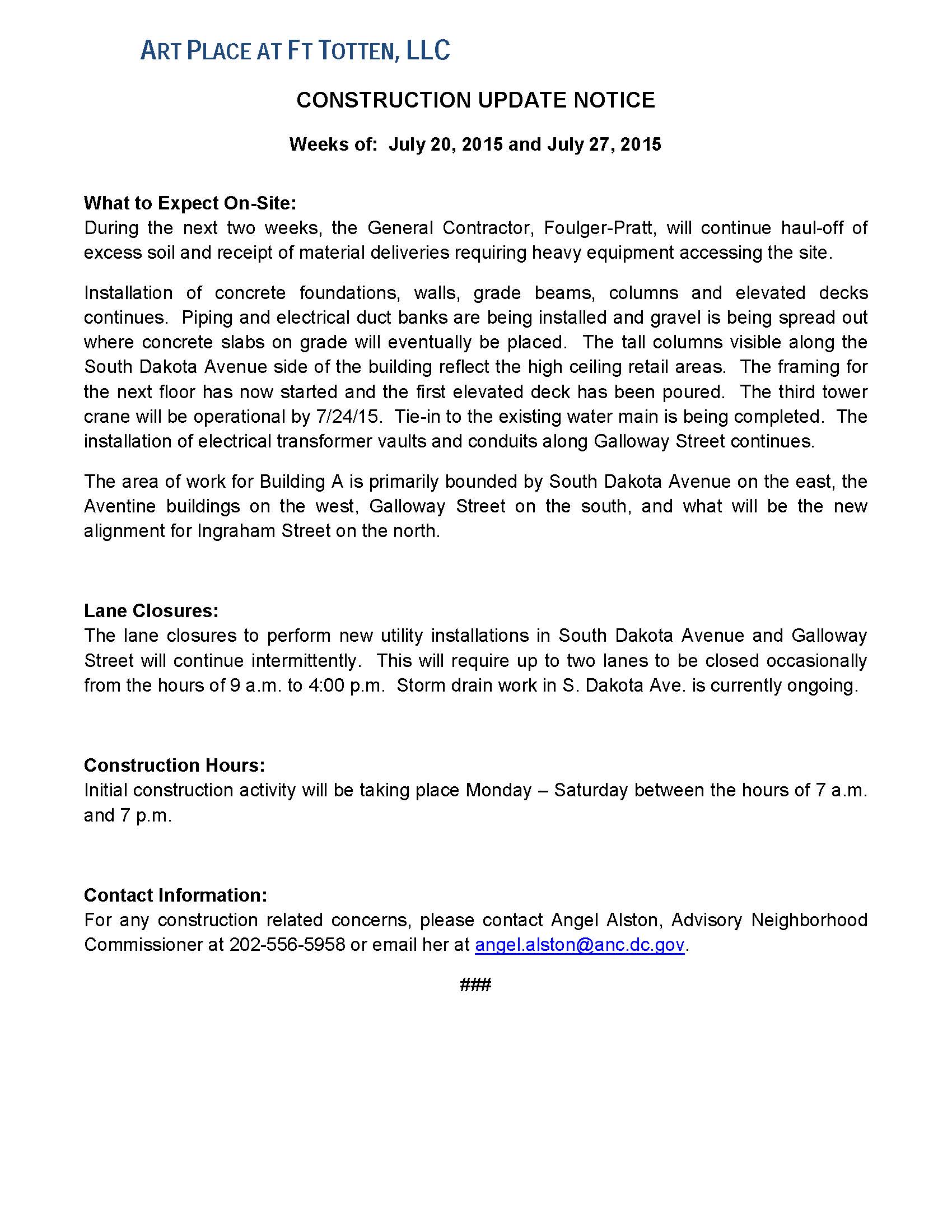 Art Place - Construction Notification Weeks of July 20 2015 and July 27 2015 FINAL