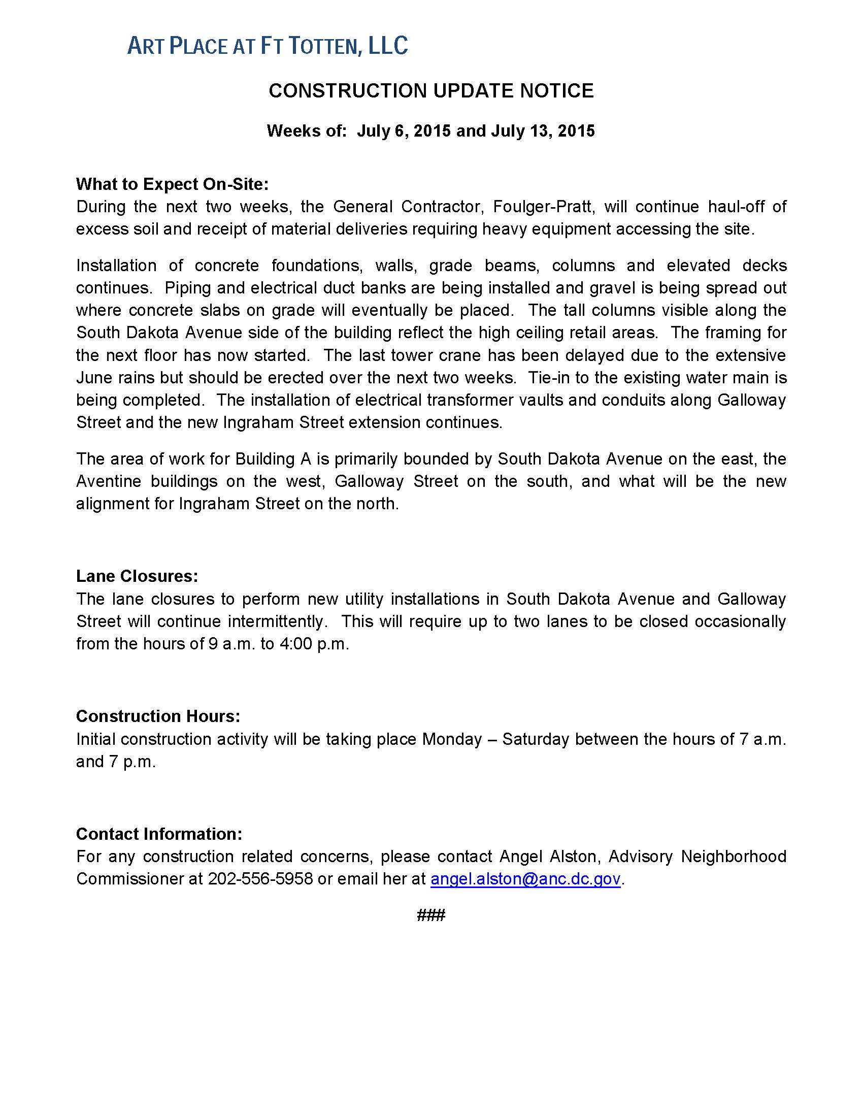 Art Place - Construction Notification Weeks of July 6 2015 and July 13 2015 FINAL