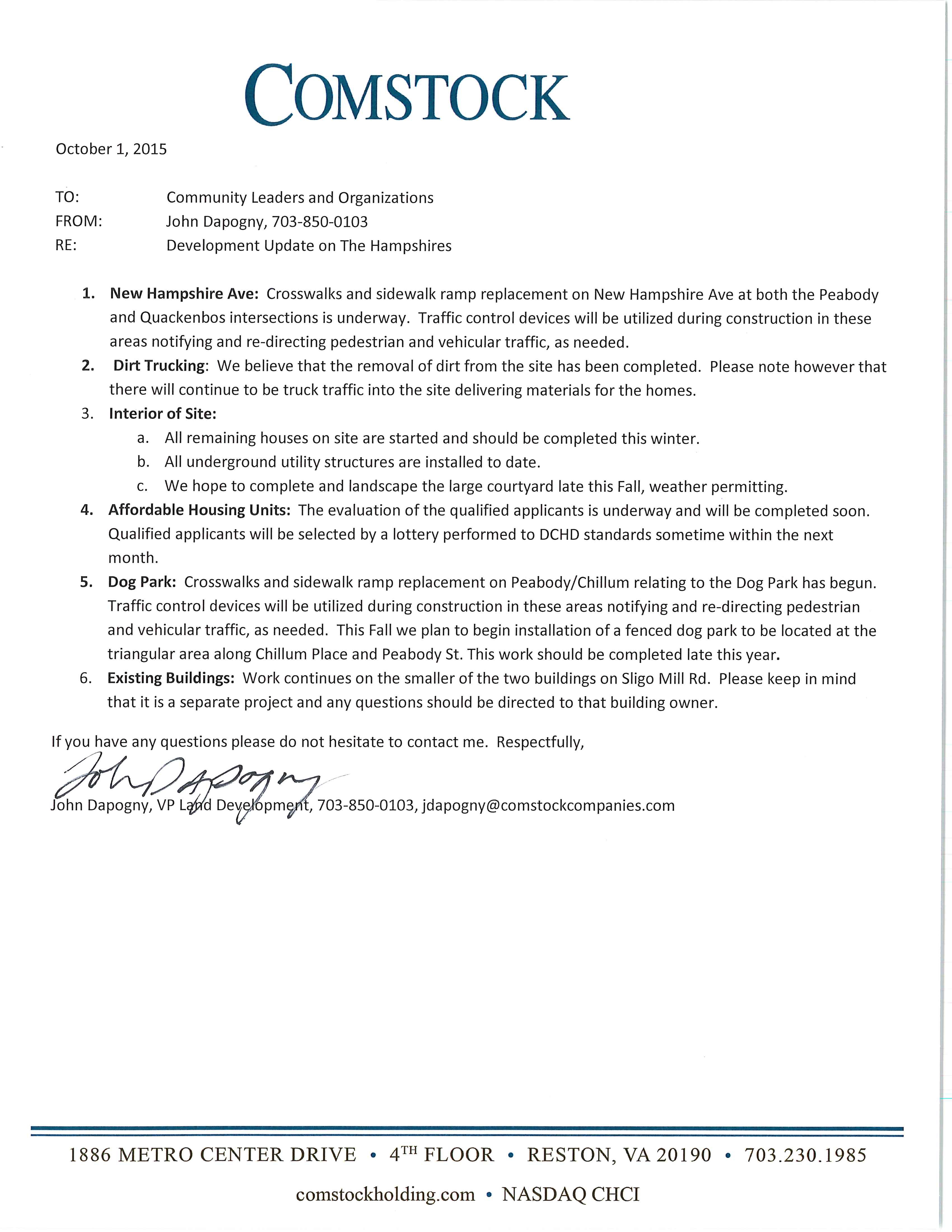 2015-10-1 The Hampshires Project Update to Community Leaders