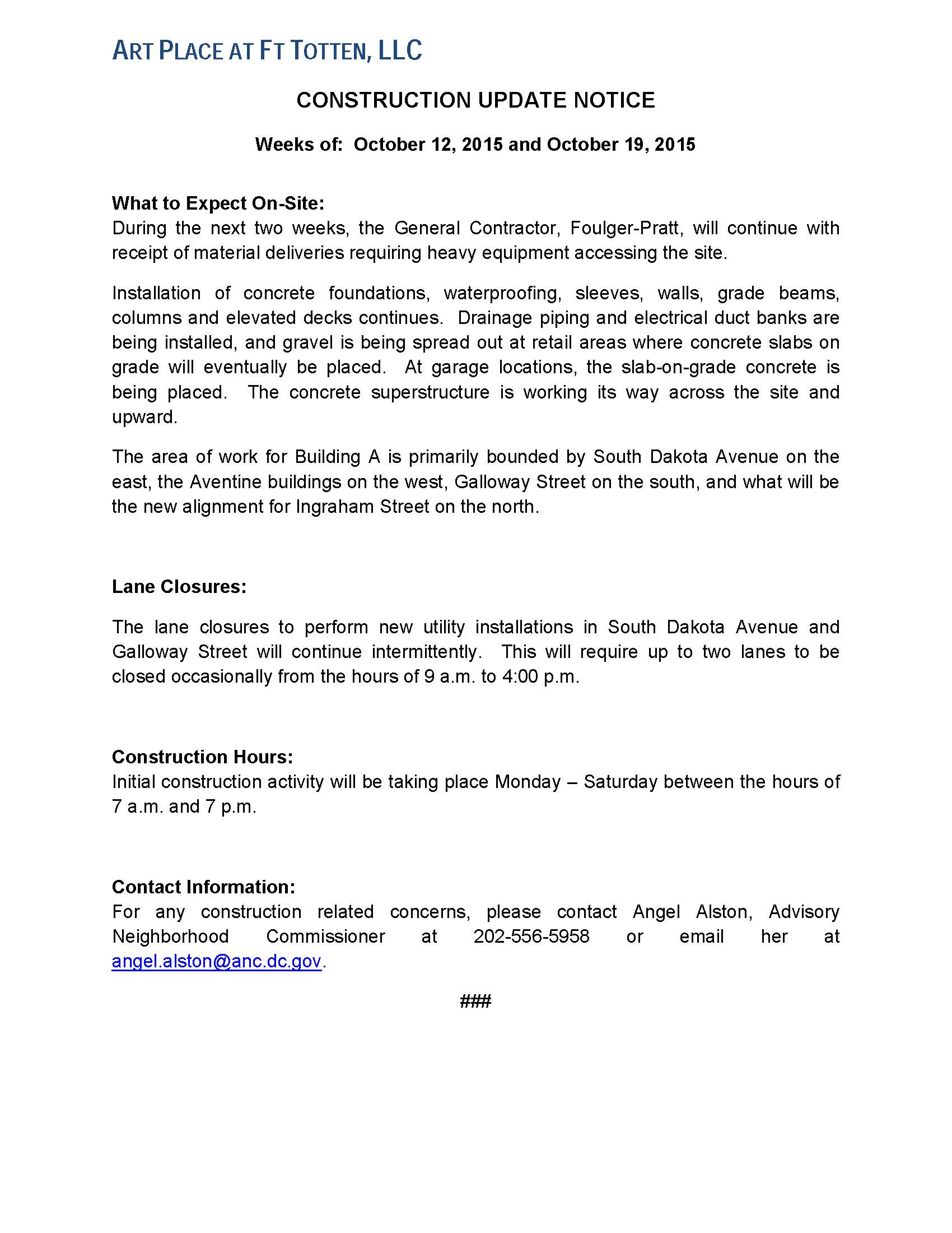 Art Place - Construction Notification Weeks of October 12 2015 and Oct 19 2015 FINAL