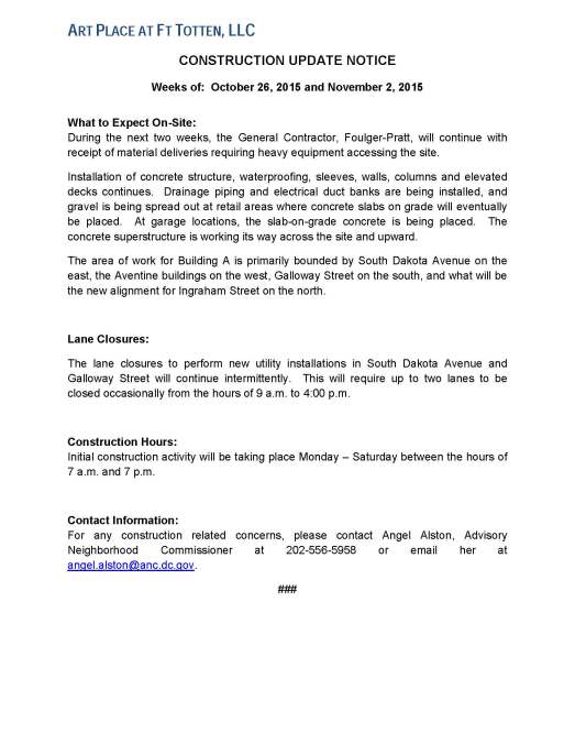 Art Place - Construction Notification Weeks of October 26 2015 and Nov 2 2015 FINAL