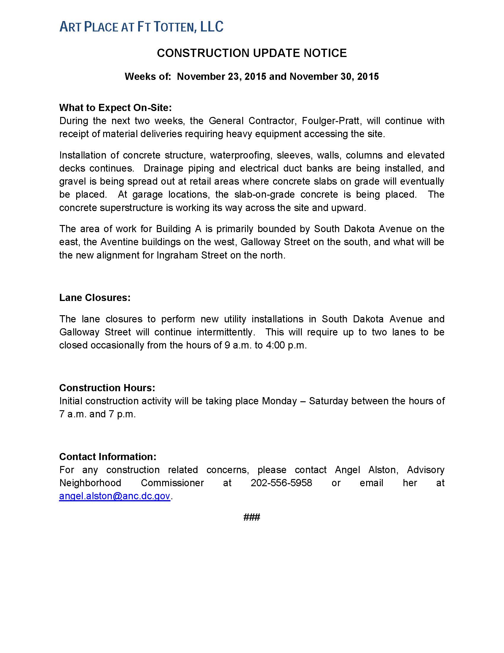 Art Place - Construction Notification Weeks of Nov 23 2015 and Nov 30 2015 FINAL