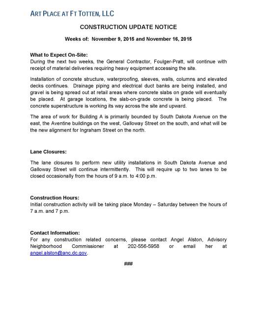 Art Place - Construction Notification Weeks of Nov 9 2015 and Nov 16 2015 FINAL