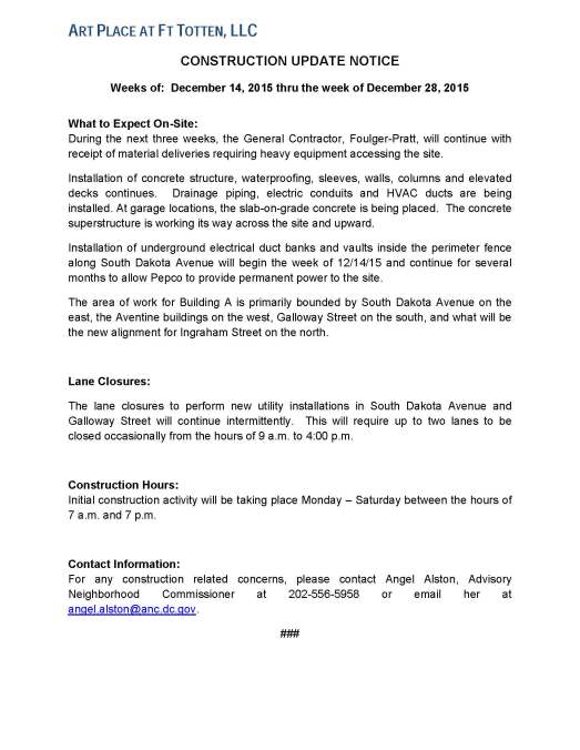 Art Place - Construction Notification Weeks of Dec 14 2015 thru the week of Dec 28 2015 FINAL