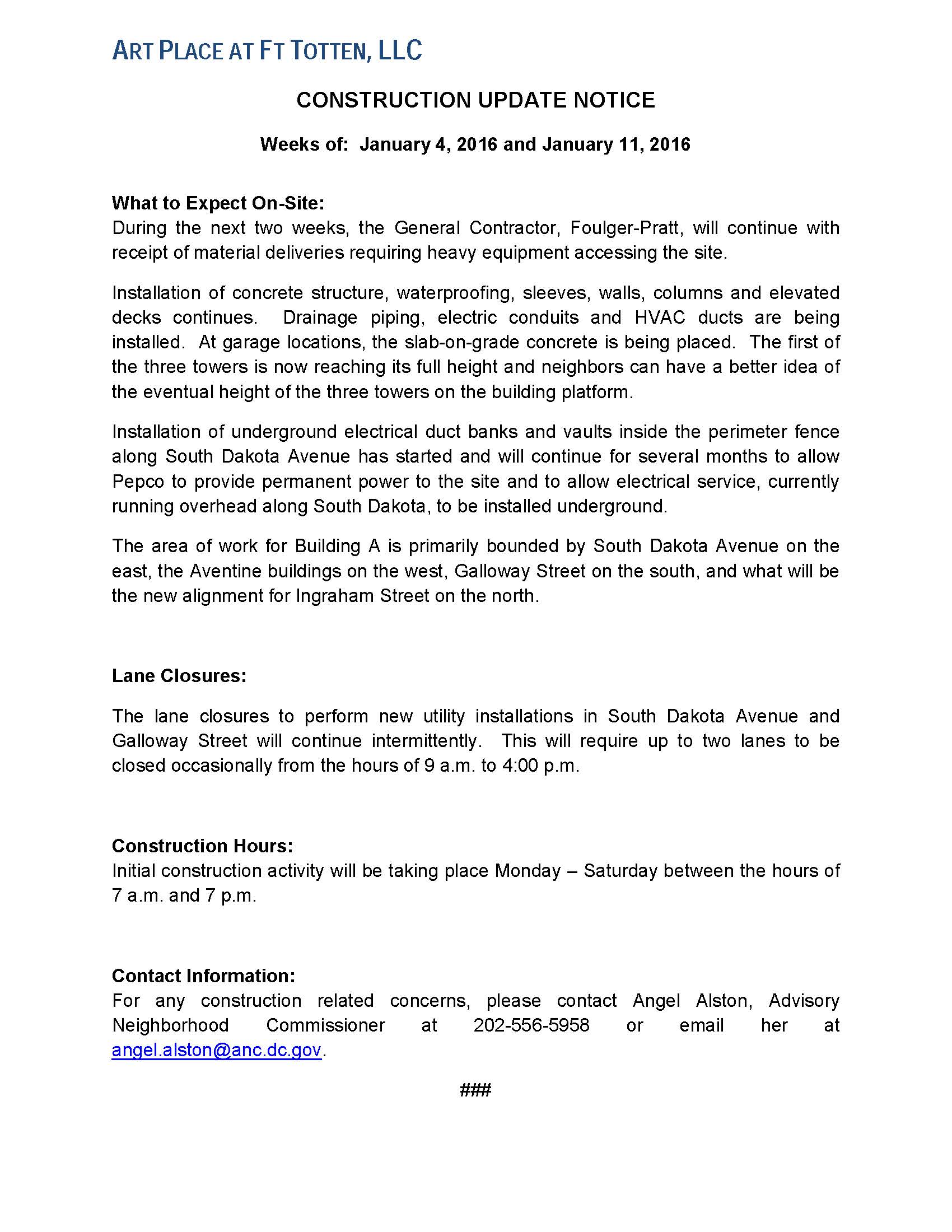 Art Place - Construction Notification Weeks of Jan 4 2016 thru the week of Jan 11 2016 FINAL