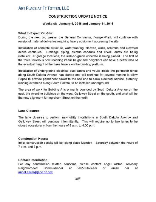 Art Place - Construction Notification Weeks of Jan 4 2016 thru the week of Jan 11 2016 FINAL