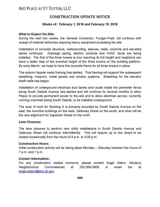 Art Place - Construction Notification Weeks of Feb 1 2016 thru the week of Feb 15 2016 FINAL