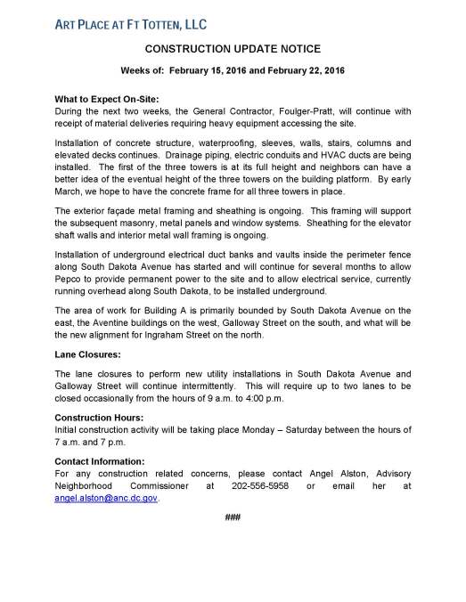 Art Place - Construction Notification Weeks of Feb 15 2016 thru the week of Feb 22 2016 FINAL