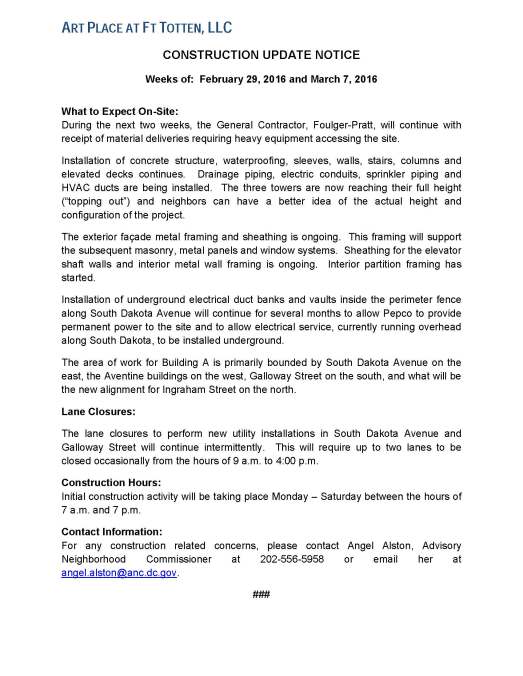 Art Place - Construction Notification Weeks of Feb 29 2016 thru the week of March 7 2016 FINAL
