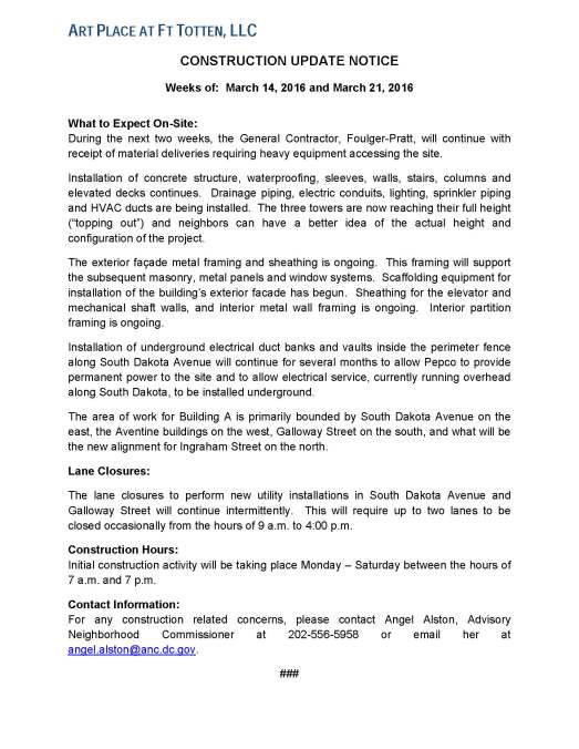 Art Place - Construction Notification Weeks of March 14 2016  thru  the week of March 21 2016 FINAL