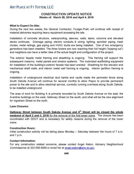 Art Place - Construction Notification Weeks of March 28 2016  thru  the week of April 4 2016 FINAL