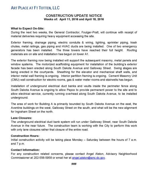 Art Place - Construction Notification Weeks of April 11 2016  thru  the week of April 18 2016 FINAL
