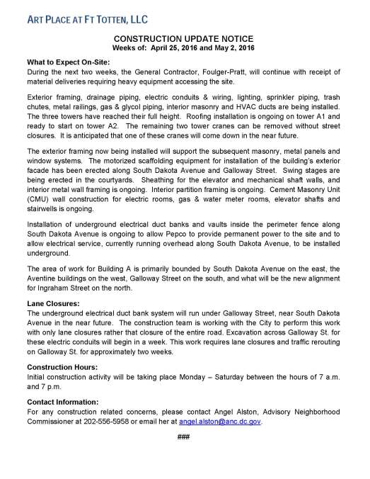 Art Place - Construction Notification Weeks of April 25 2016  thru  the week of May 2 2016 FINAL