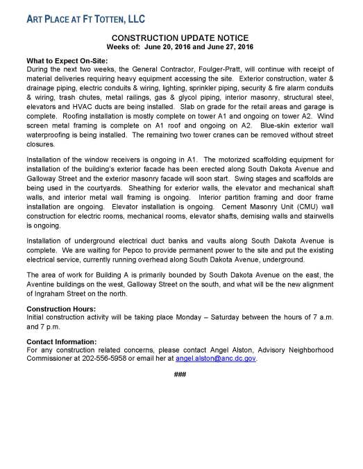 Art Place - Construction Notification Weeks of June 20 2016  thru  the week of June 27 2016 FINAL