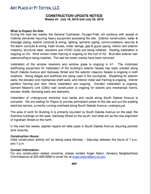 Art Place - Construction Notice Weeks of July 18 2016 thru the week of July 25 2016 FINAL