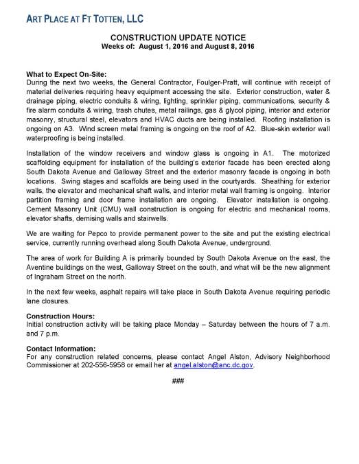 Art Place - Construction Notification Weeks of Aug 1 2016  thru  the week of Aug 8 2016 FINAL