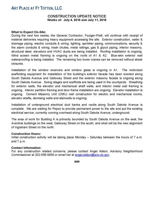 Art Place - Construction Notification Weeks of July 4 2016  thru  the week of July 11 2016 FINAL