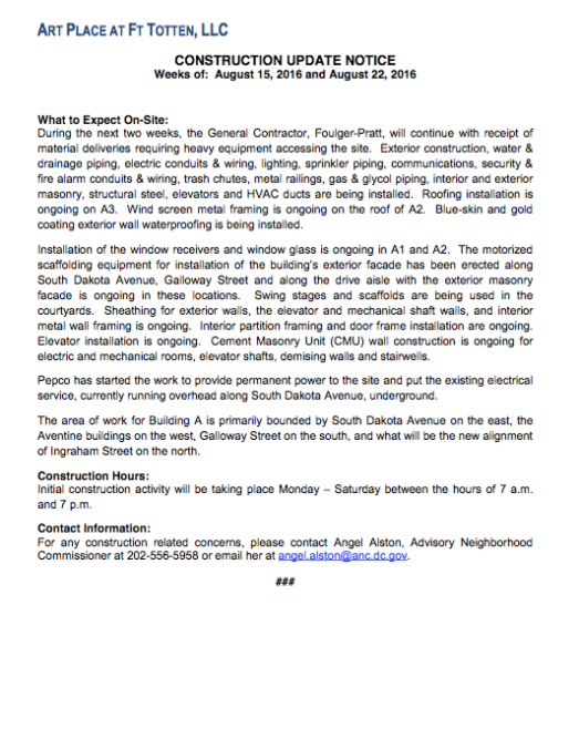 Art Place - Construction Notification Weeks of Aug 15 2016 thru the week of Aug 22 2016 FINAL