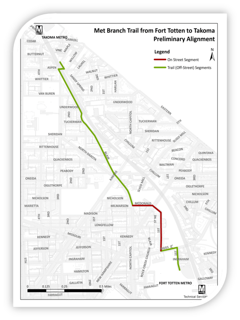 Metropolitan Branch Trail - Fort Totten to Takoma is a multi-use trail from Fort Totten to Metro in NE, Washington, D.C to Takoma in NW, Washington, D.C. The trail begins at the termination of the Fort Totten section of the Metropolitan Branch Trail along 1st Place NE continuing to the intersection of 1st Place NE and Riggs Road NE, then continuing up Riggs Road NE to the intersection with 1st Street NE. Intersection improvements are proposed for Riggs Road NE at 1st Street NE and McDonald Place NE at New Hampshire Road NE. The off-road multi-use trail begins again at the intersection of McDonald Place NE and Blair Road NE. The off-road multi-use trail begins again at the intersection of McDonald Place NE and Blair Road NW continuing north along the northbound side of the roadway up to Aspen Street NW where it turns onto Aspen Street NW then ending at Sandy Spring Road NW.